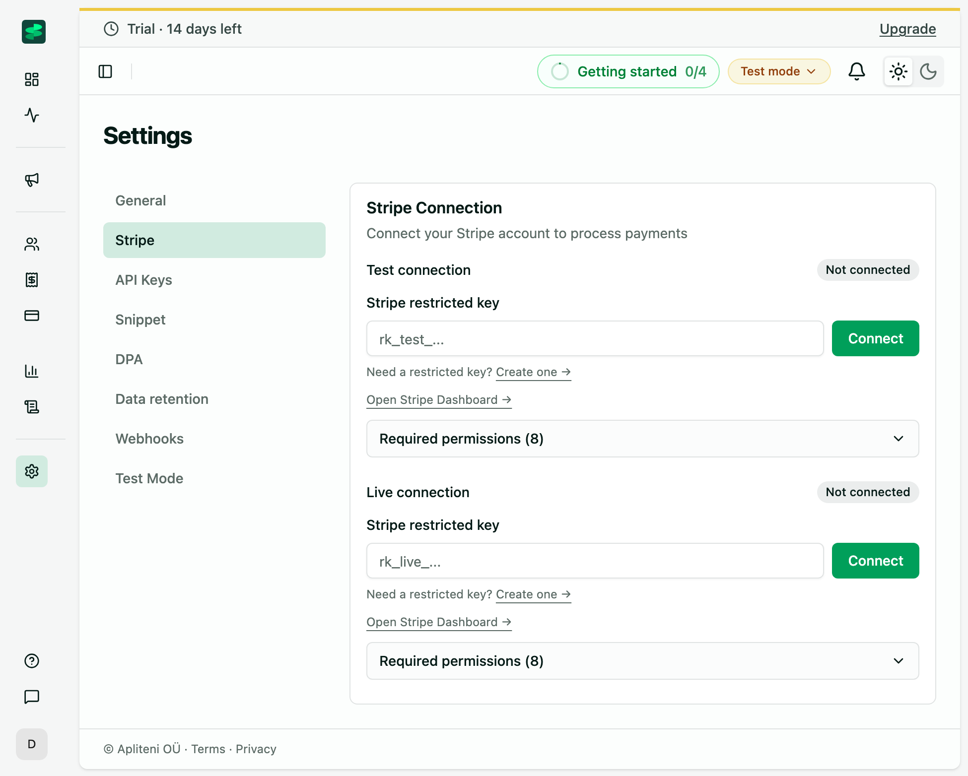 Selgeo Settings → Stripe page with the visible "Stripe restricted key" label, the "Create one →" hint link, the "Open Stripe Dashboard" link, the "Required permissions (8)" disclosure, and the green "Connect" button.