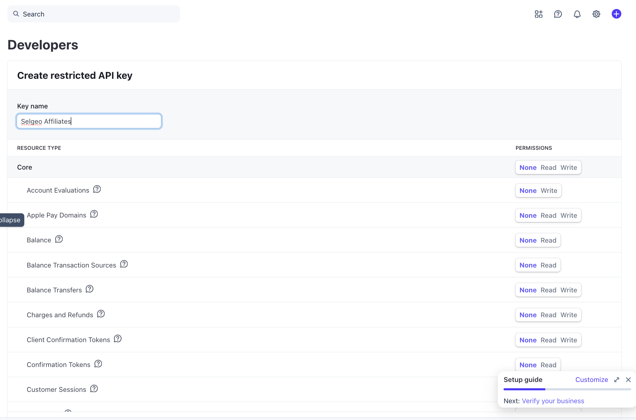 Stripe "Create restricted API key" form with the Key name field filled in as "Selgeo Affiliates" and the permissions table starting below it.
