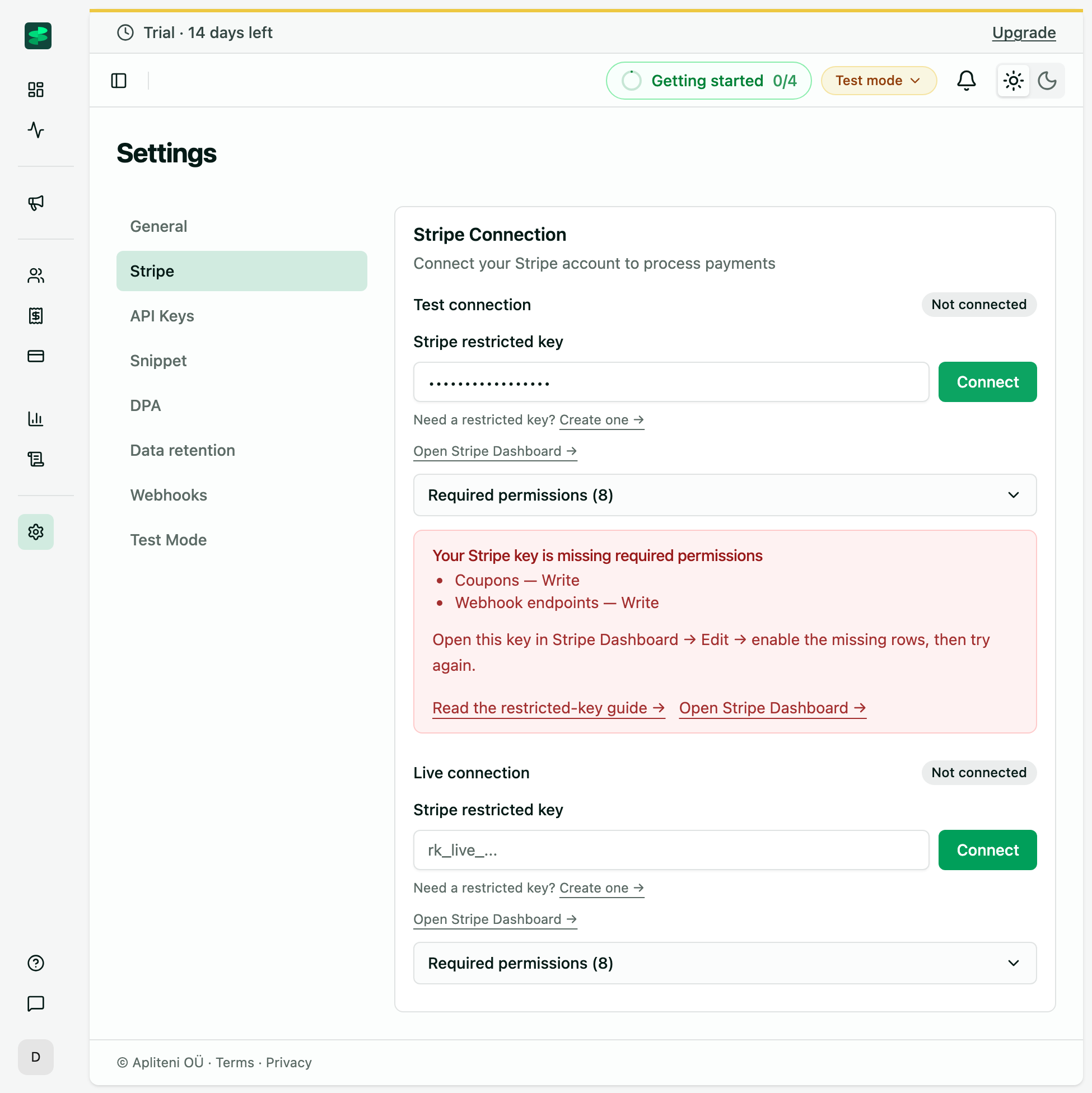 Selgeo Settings → Stripe page showing the red "Your Stripe key is missing required permissions" panel with a human-readable list of the missing permissions and links to read the restricted-key guide and open the Stripe Dashboard.