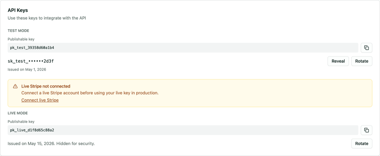 Página Settings > API Keys en el panel de Selgeo con el campo de la clave pública resaltado
