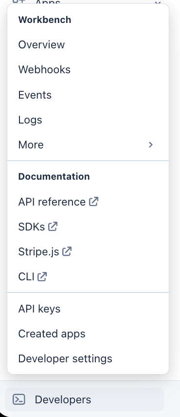 Stripe Dashboard sidebar with the Developers menu open showing API keys, Webhooks, Events, and other developer tools.