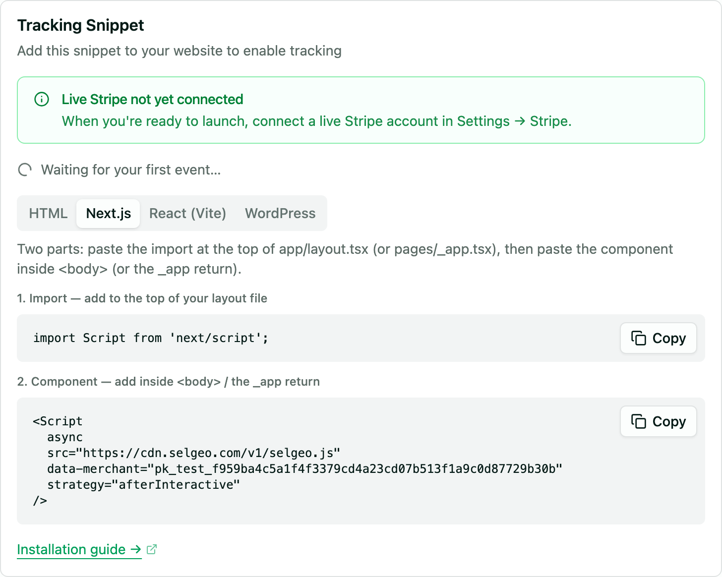 Carte Tracking Snippet dans Settings affichant l'onglet Next.js avec les blocs d'import et de composant prêts à copier