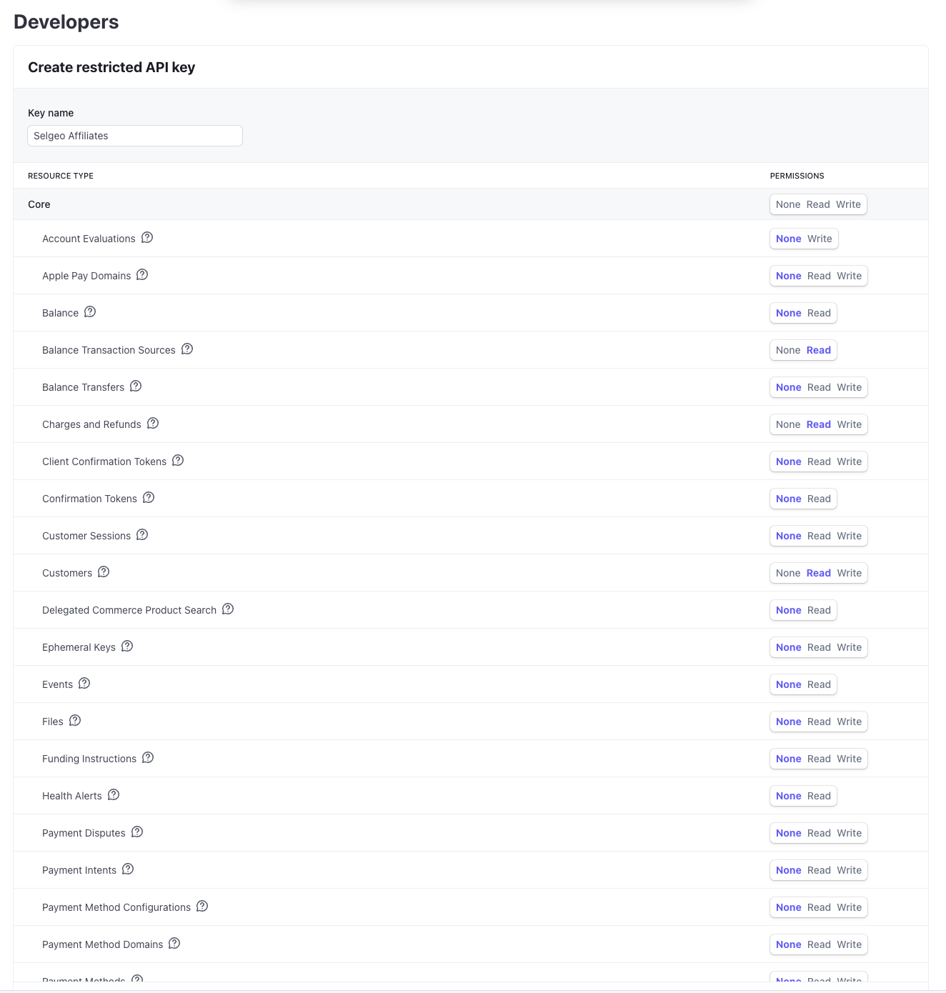 Stripe permissions table for the Core resource group with multiple rows set to "Read".