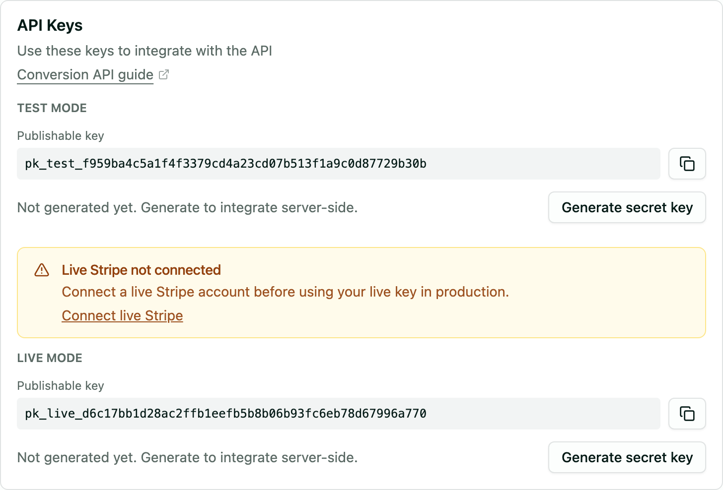 Scheda Settings > API Keys nella dashboard Selgeo con le chiavi pubblicabili per le modalità Test e Live