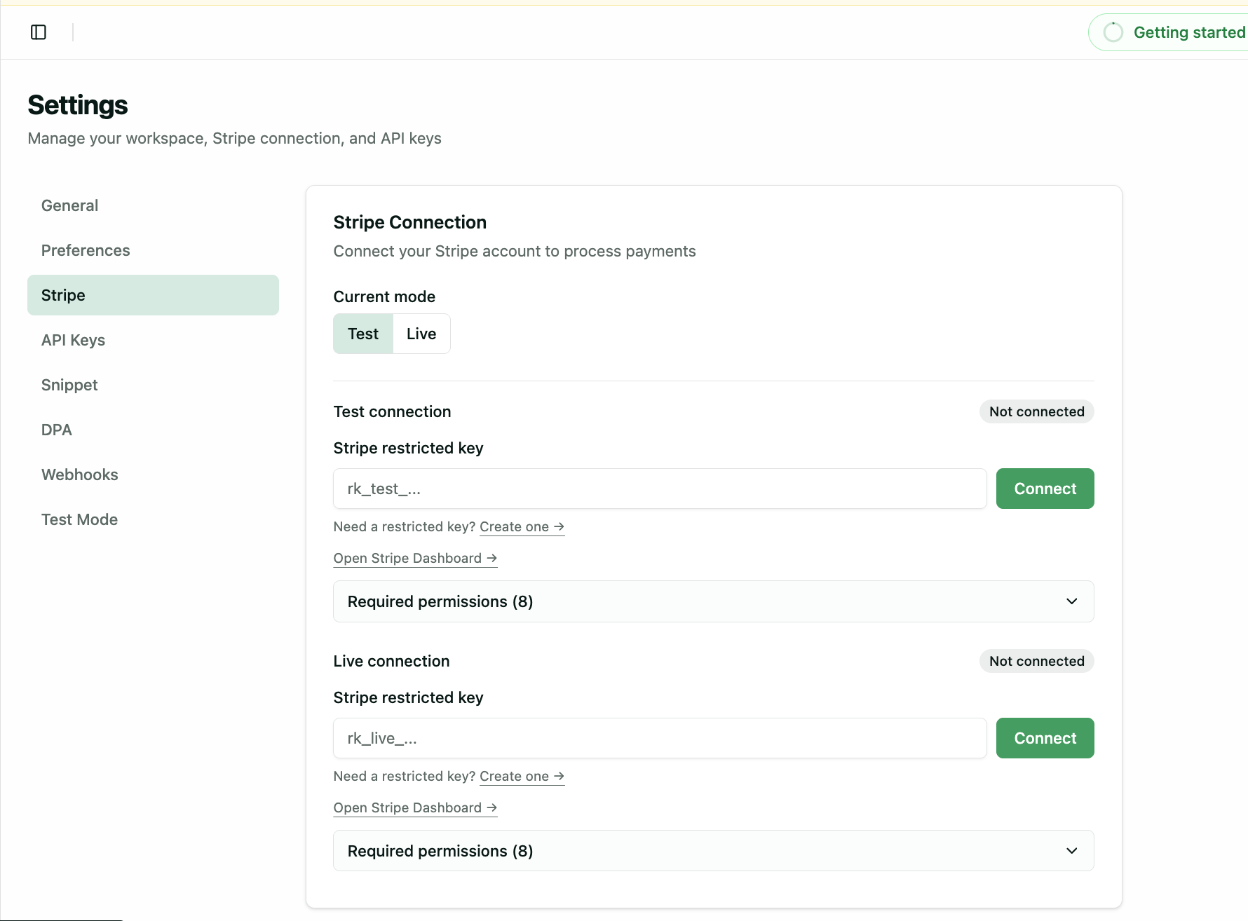 Selgeo Settings → Stripe page with the visible "Stripe restricted key" label, the "Create one →" hint link, the "Open Stripe Dashboard" link, the "Required permissions (8)" disclosure, and the green "Connect" button.