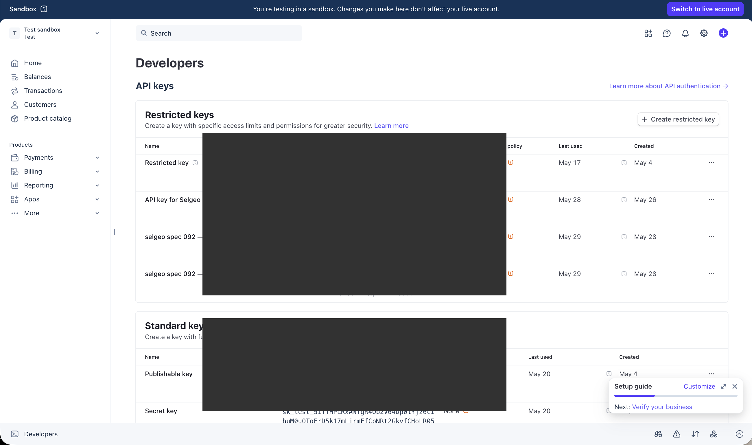 Stripe Developers → API keys page showing the Restricted keys list and the "+ Create restricted key" button in the top-right.