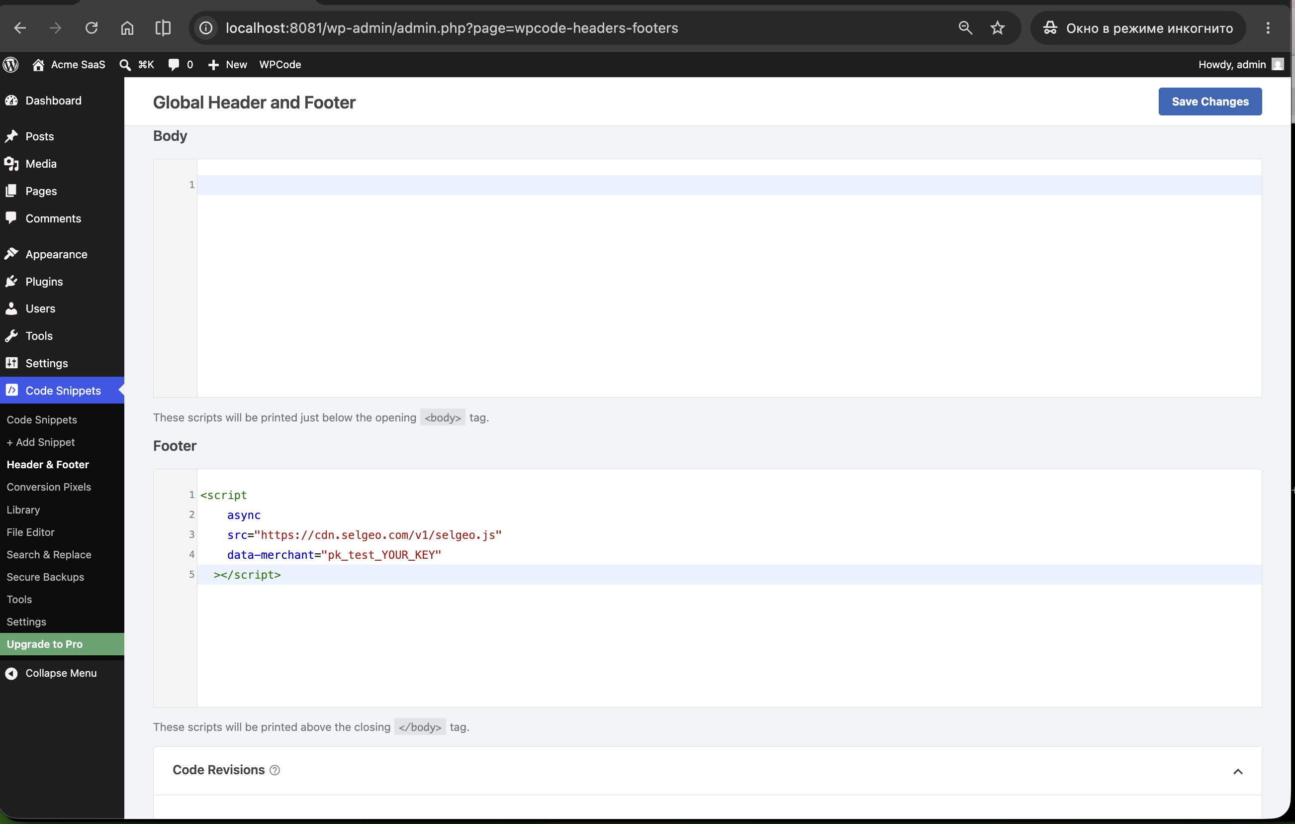 Strona ustawień WPCode Headers &amp; Footers z wklejonym script Selgeo w polu Footer